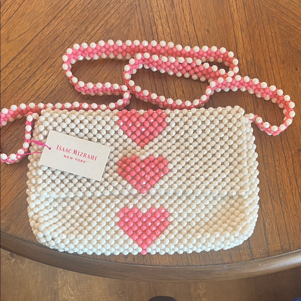 Isaac Mizrahi Pink and White Beaded Heart Bag